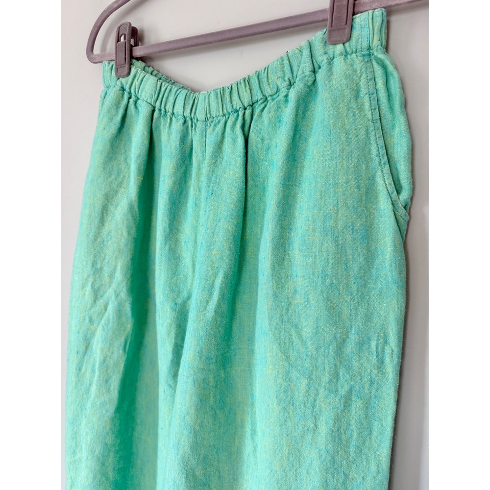 Flax Linen Pants Pull On Relaxed Wide Leg Cropped Green Yellow Medium Fits 10-14 - Picture 6 of 7